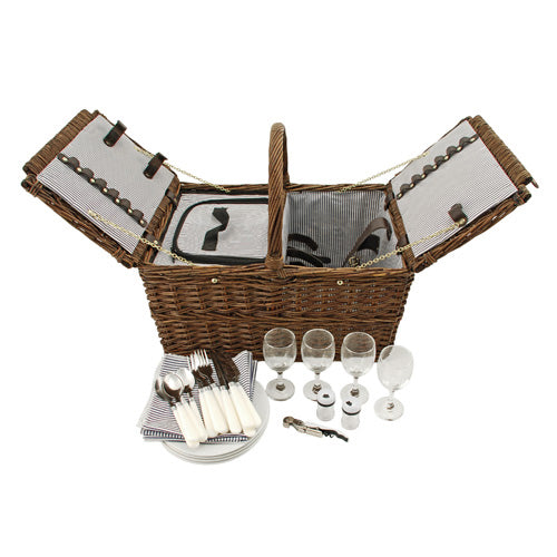 Enjoy refined al fresco dining with our woven Wicker Picnic Basket. Two insulated compartments keep your picnic fare a perfect temperature while the sturdy handle makes it easy to carry. Set includes basket, white Truetap corkscrew, salt and pepper shakers set, and 4 each of silverware, plates, wine glasses, and cotton napkins. Accommodates 1 standard wine bottle and food. Basket measures 18 x 13 x 16.5 Spot Clean Only.Makes a great gift.