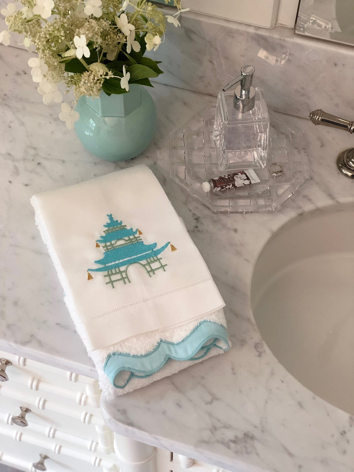 Bath Accessories, Hand Towel, Linen Guest Towel, Monogrammed Acrylic Soap Dispenser, Bamboo Tray