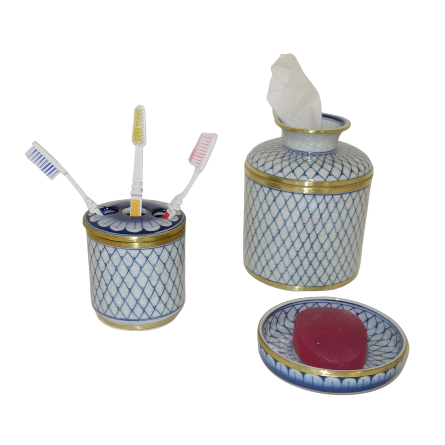 Blue and White Diamond Toothbrush Holder and Soap Dish Set
