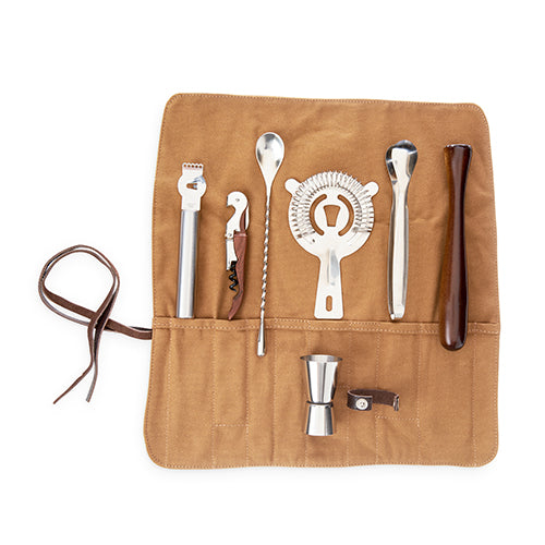 canvas cocktail kit with jigger strainer muddler knife zester bar spoon ice tongs pouch barware bar accessory gifts for men housewarming gift hostess gift fathers day gift