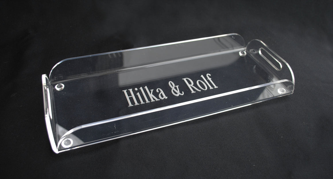 clear acrylic lucite monogrammed personalized vanity tray with handles toilet tank tray bath accessory bar tray