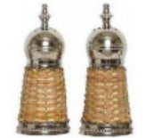 Set of salt and pepper shakers wrapped in a wicker basket weave raffia rattan. Coastal chic. Beach style nantucket style