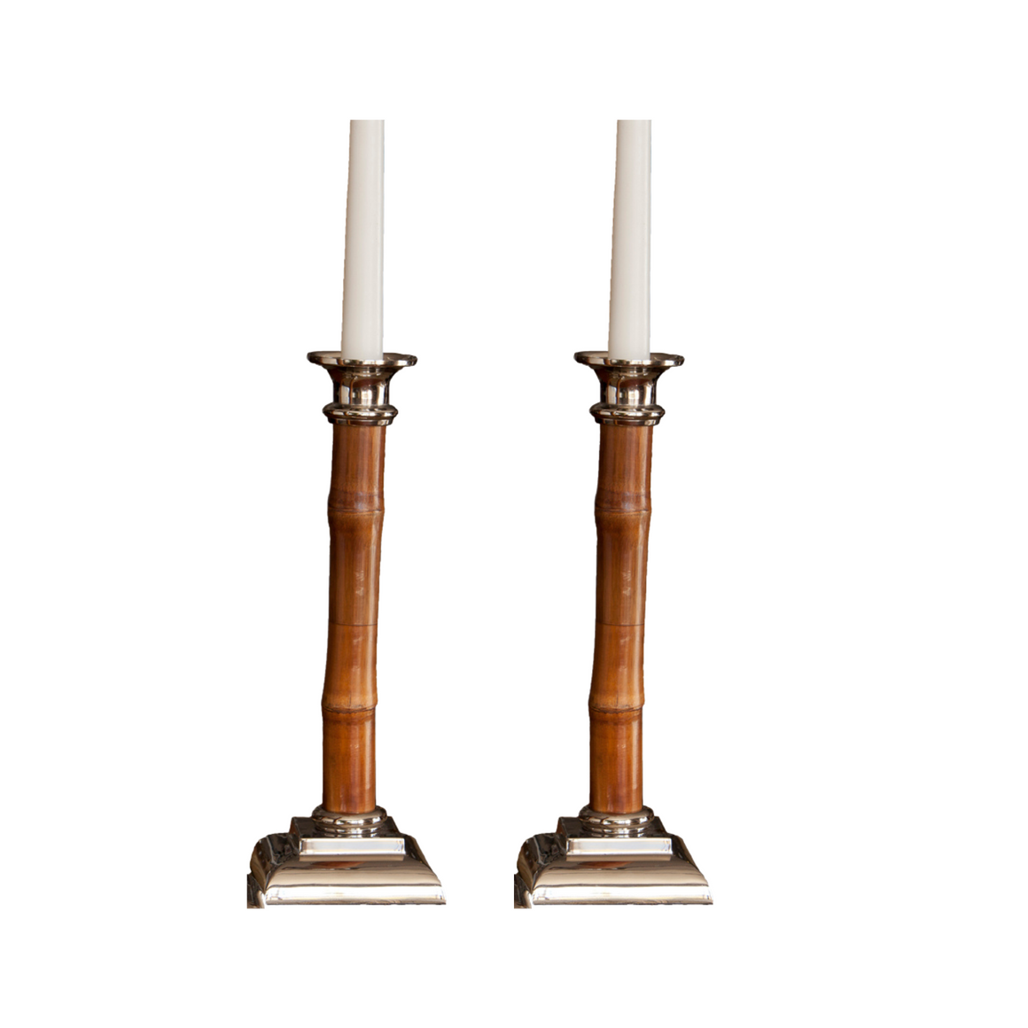 This lovely pair of candleholders with their beautiful warm-colored bamboo and polished nickel finish will add a refined yet cozy ambiance to your home. Three sizes to choose from. Use as a table centerpiece, place on either end of a mantel, or create an elegant display using all three sizes. 