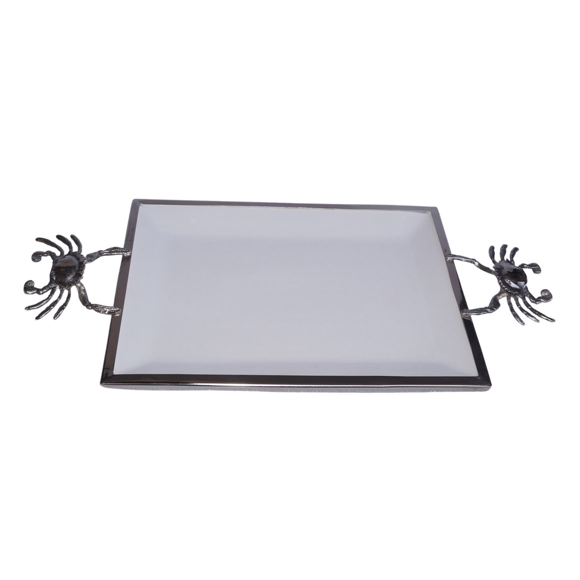 Bring the shore to your table with this useful and charming rectangular ceramic tray with crab handles. Ceramic. Aluminum. Stainless steel. 23″D X 11″W X 2.25″H