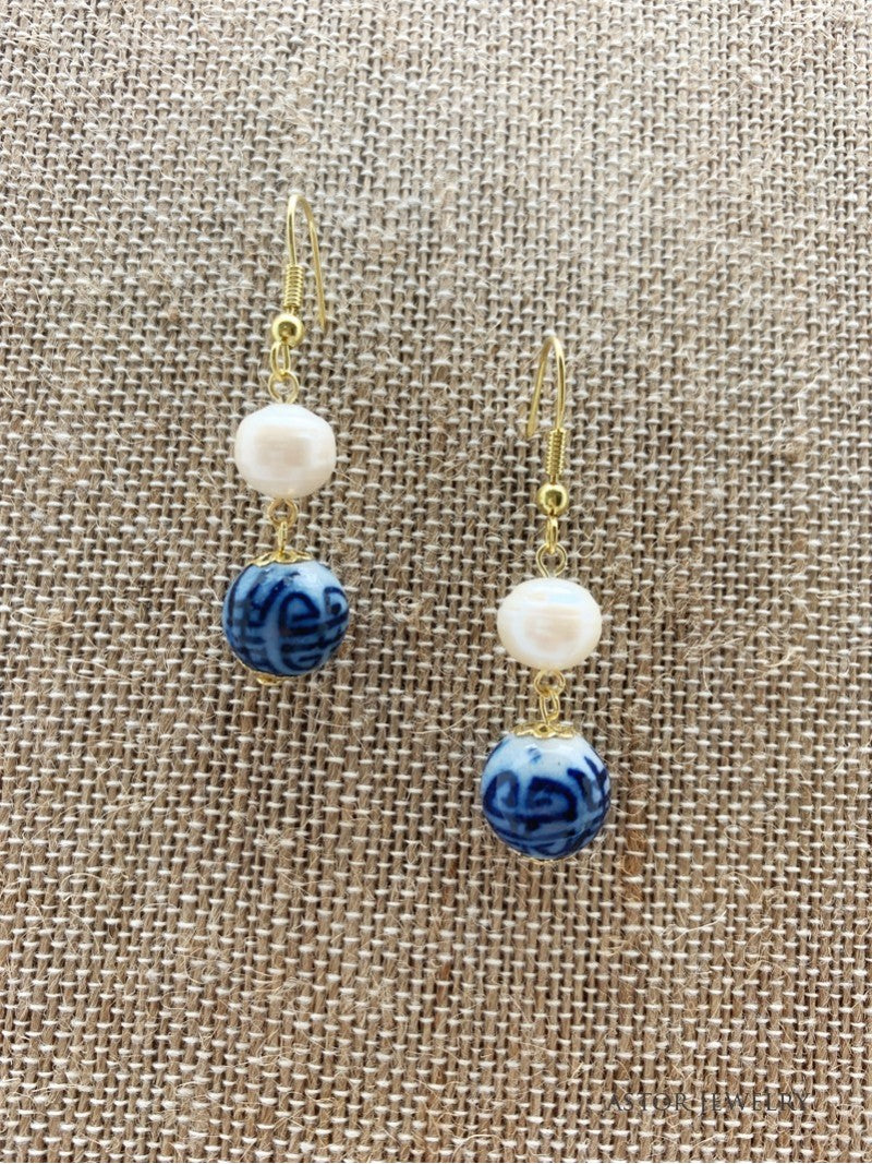 Fresh Water Pearl Earrings with Blue and White Bead