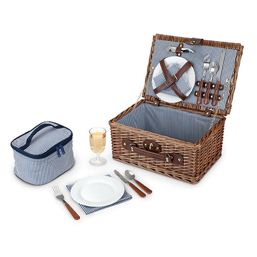 Woven Picnic Basket complete with two place settings wine glasses napkins corkscrew and mini cooler Blue and White strip interior