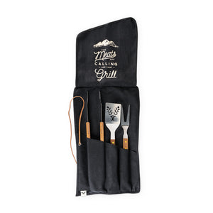 Nestled in this sturdy canvas roll-up are the three grilling amigos: your spatula, tongs, and fork. All three sport handsomely carved wood handles, and the spatula and fork end in convenient bottle openers. Includes 3 tools: spatula, tongs, fork. Each tool is made of stainless steel and wood. Canvas roll up holds tools. Bottle opener on the end of the fork and spatula.